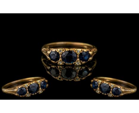 Antique Period - Attractive 18ct Gold Diamond and Sapphire Set Ring, Ornate Setting / Design. Full Hallmark for 18ct. Ring Si