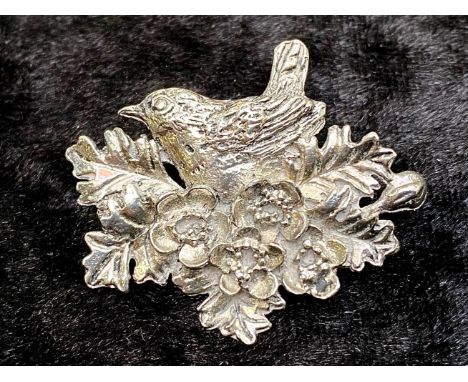 Silver on Pewter Designer Brooch, MASJ (Mary Ann Story Jones), bird on nest of flowers and leaves, roll over clasp.  Vintage 