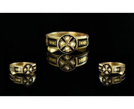 Edwardian Period 1902 - 1910 Superb 9ct Gold Black Enamel and Seed Pearl Set Mourning Ring. Wonderful Workmanship. Hallmark C