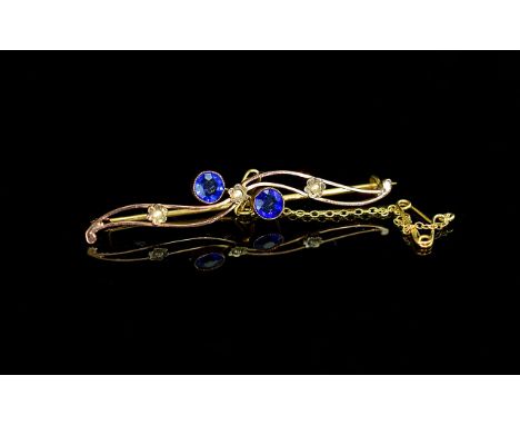 Edwardian Period 15ct Gold Sapphire and Seed Pearl Set Brooch. With Safety Chain. Weight 2,9 grams. 2,25 Inches - 5,65 cms. G