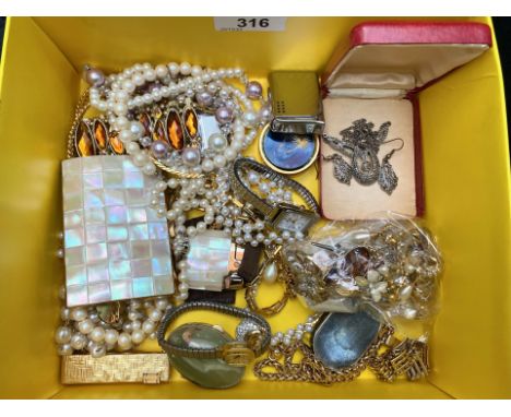 Box of Costume Jewellery to include marcasite, pearls, watches, lighters, mother of pearl cigarette case, pill boxes, lots of