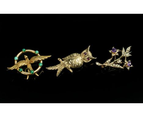 Victorian Period 1837 - 1901 Fine Trio of 15ct and 9ct Gold Stone Set Brooches. Comprises 1/ 9ct Gold Owl Brooch, Owl with Ru