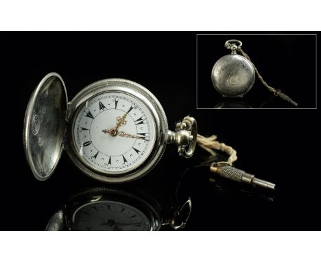 Oris Sterling Silver Key Wind Small Full Hunter Pocket Watch, with white enamel dial.  Gold ornate watch hands.  Hallmark Lon