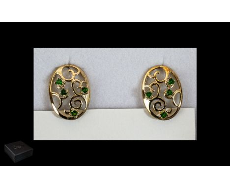 Lucy Q Designer Russian Diopside Earrings, large oval stud earrings with scrolling filigree work, each set with four round cu