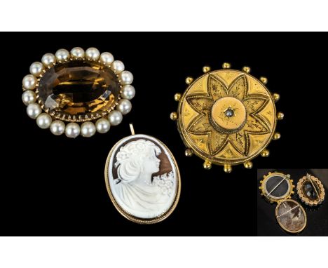 A Fine Trio of Small Antique Period Stone Set Brooch. All Marked for 9ct. Comprises 1/ 9ct Gold Smoky Topaz and Seed Pearl Br