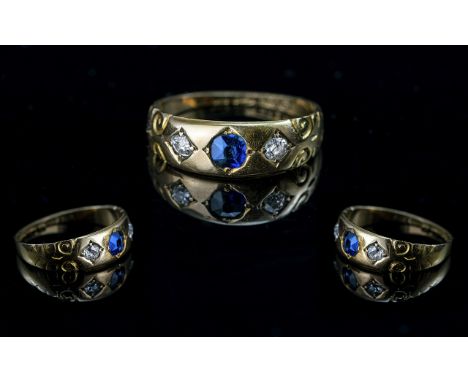 Antique Period Ladies 18ct Gold Three Stone Sapphire and Diamond Set Ring, marked 18ct to interior of the shank, ring size L/