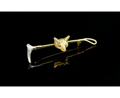 A Superb Quality 9ct 2 Tone Gold Brooch In the Form of a Foxes Head and Riding Crop. The Foxes Head Set with Ruby Eyes, Excel