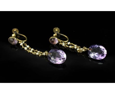 Antique Period Ladies 15ct Gold Attractive and Stylish Pair of Amethyst and Seed Pearl Drop Earrings, the amethysts of superb