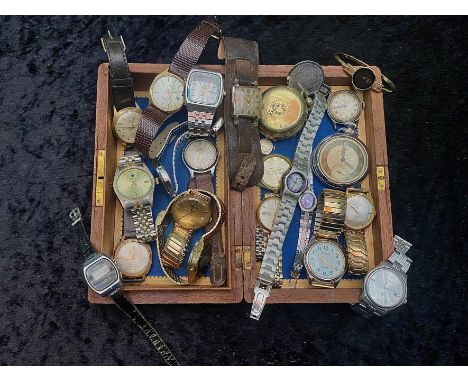 Small Carved Wooden Box, containing a collection of Watches, both quartz and manual wind, including Accurist, Seiko, Lincoln,