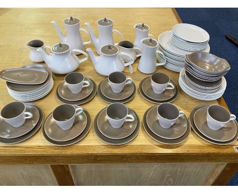 Large Poole Pottery Dinner/Tea Service, in mushroom and sepia colourway, comprising two tea pots, two large coffee pots, two 