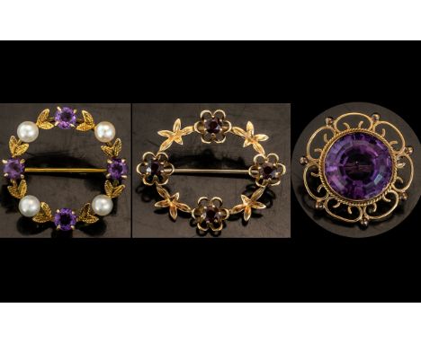 Trio of Stone Set 9ct Gold Brooches. All Fully Hallmarked for 9.375. Comprises 1/ 9ct Gold Amethyst Set Brooch, Ornate Mount,