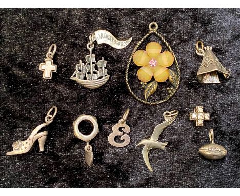 Small Collection of Jewellery, comprising nine Sterling Silver charms, including Celtic cross, shoe, bell, bird, No 3, heart,