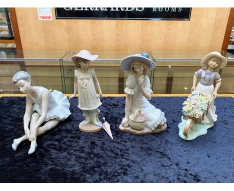 Three Nao Figures, comprising a ballerina, a girl with a basket of flowers, and a girl with a parasol (one finger damaged), t