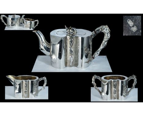 Chinese Export - Late 19th Century Solid Silver 3 Piece Tea Set. Retailed By MEI HUA, artisan workshop of HUI of Hangzhou&nbs