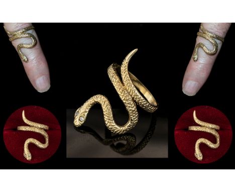 9ct Gold Snake Charmers Ring In Coiled Position ( Realistic ) Full Hallmark for 9.375, Ring Size N. Weight 3 grams. 