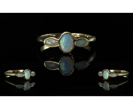 Ladies 9ct Gold Attractive 3 Stone Opal Set Ring. Full Hallmark for 9.375 to Interior of Shank. The Opals of Good Colour. Rin