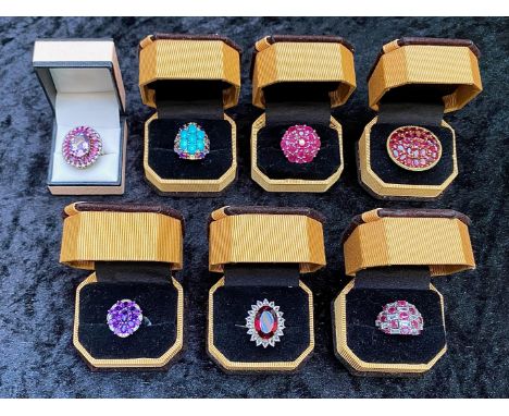 Seven Stone Set Silver Dress Rings, various designs, set with coloured stones, crystals turquoise etc.  All marked for silver