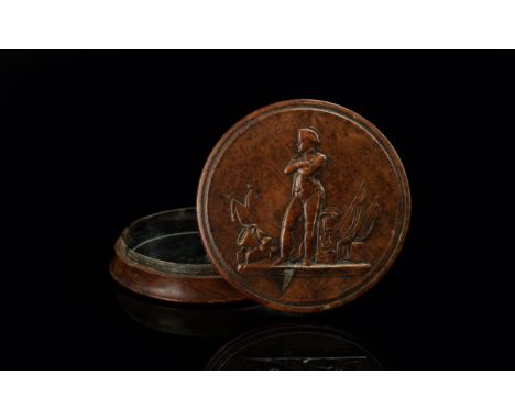Antique Period Superb Circular Lidded Pressed Wood Table Snuff Box, with embossed image of  Napoleon, standing on the bridge 