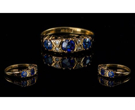 Ladies Antique Period 18ct Gold Sapphire &amp; Diamond Set Ring, gallery setting.  Marked 18ct to interior of shank.  Cornflo