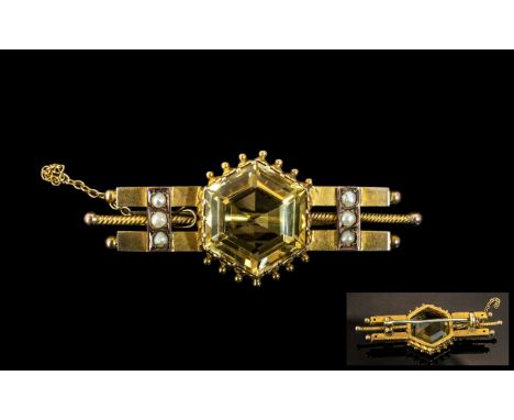 Antique Period Pleasing 9ct Gold Citrine &amp; Seed Pearl Set Brooch with Safety Chain, marked 9ct.  The large faceted six si