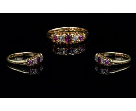 Antique Period Attractive 18ct Gold Diamond and Ruby Set Ring, gallery setting, full hallmark to interior of shank, Chester 1