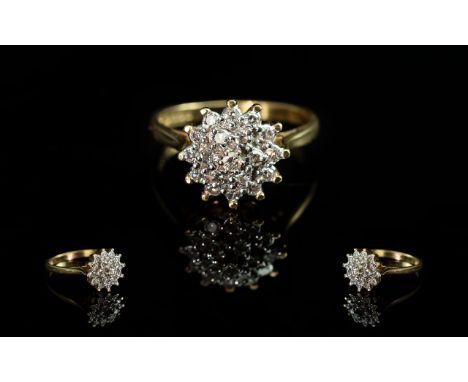 Ladies 18ct Gold - Attractive Diamond Set Cluster Ring. Full Hallmark for 18ct - 750. The Diamonds of Good Colour and Clarity