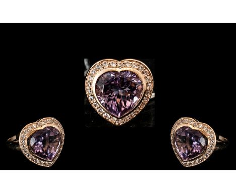 Amethyst Heart Shape Halo Statement Ring, a 12ct, heart cut, wonderful amethyst, held in a heart shaped, rose gold vermeil an