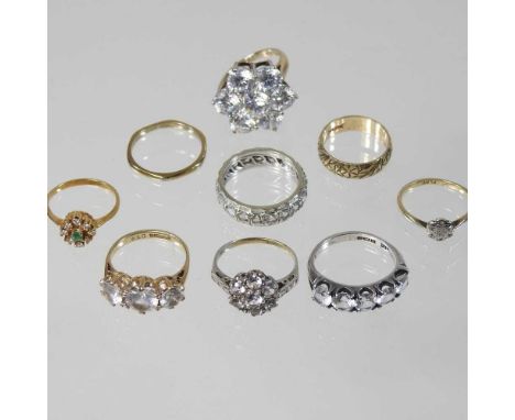 A gold and platinum set diamond cluster ring, size F, together with a collection of eight assorted gold, silver and gem set d