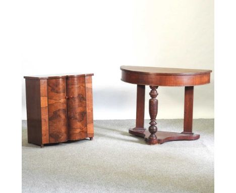 An Art Deco stained pine and rosewood cabinet, together with an Edwardian stained pine and walnut console table (2)Table 90w 