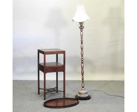A 19th century marquetry serving tray, together with a 19th century night stand and a modern standard lamp and shade (3)Servi