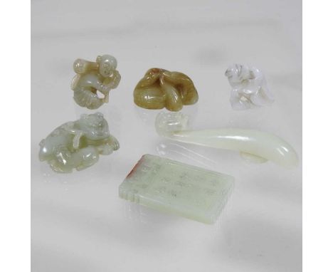 An oriental jade coloured hardstone carving of a swan and cygnet, together with five other carvings (6)
