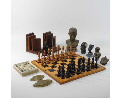 A wooden chess set, together with a pair of bookends, a collection of polished rock samples, and various other itemsCondition