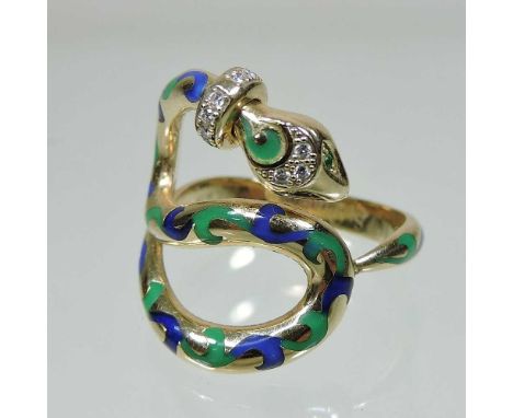 A St Diamond 14 carat gold articulated ring, in the form of an entwined snake, inset with blue and green hardstones, with dia