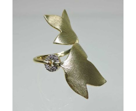 An H Stern 18 carat gold and diamond Hera designer ring, in the form of two entwined leaves, with a circle of diamonds set to