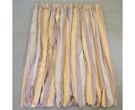 A large pair of Zoffany silk curtains, together with a pair of green cotton curtains, a smaller pair and a single curtainCond