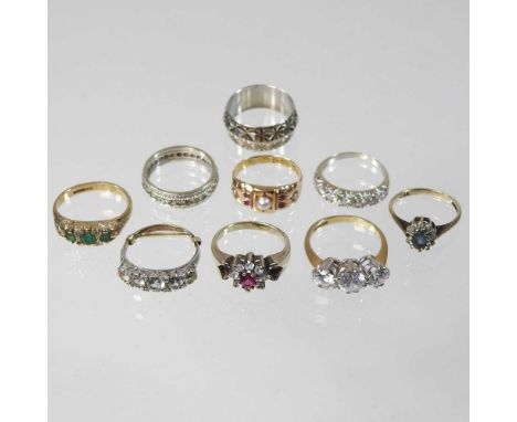 An antique 15 carat gold, pearl and ruby ring, size K, together with a collection of eight various gold, silver and gem set d