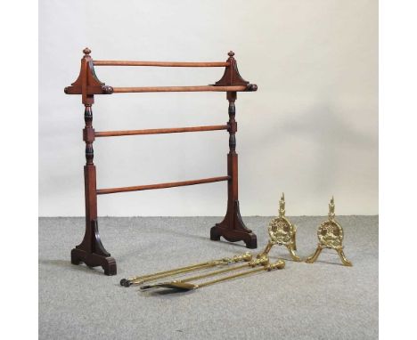 A 19th century mahogany towel rail, together with a set of brass fire tool, and a pair brass fire dogs (6)Towel rail 83w x 92