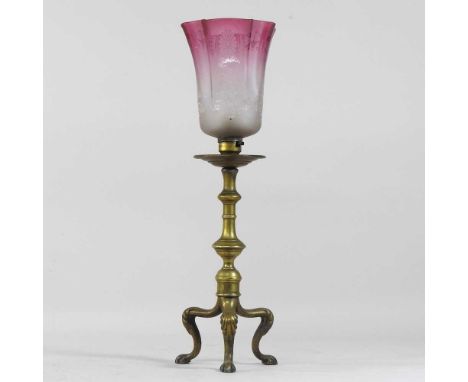 An early 20th century brass table lamp, with an etched glass shade, on three paw feet, stamped Winn Birmingham to base with r