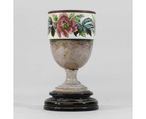 A late 19th century Doulton faience pottery oil lamp base, Doulton, decorated with flowers, on a terracotta base30cm high