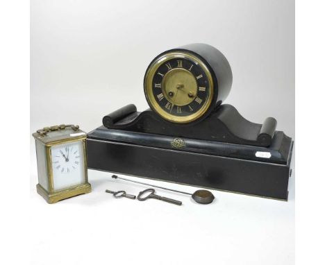 A Victorian black slate mantel clock, together with a brass cased carriage clock (2)40w and 13h cm