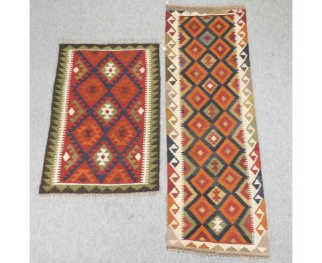 A kelim runner, with all over diamond design, 298 x 80cm, together with a kelim rug, 122 x 81cm (2)