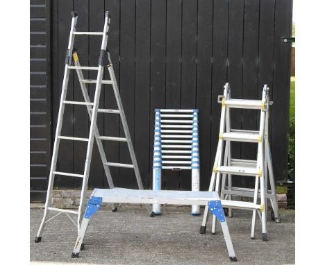 A MacAllister collapsible ladder, 3.8m extended, together with a Youngman's folding ladder, a stepladder, 193cm high, and a f