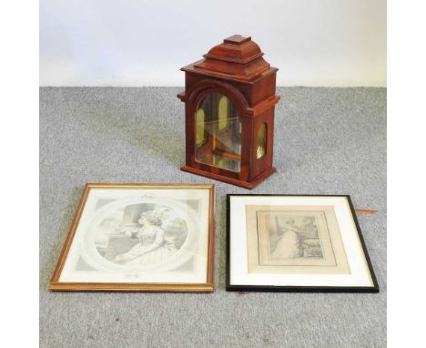 A display cabinet, made from a clock hood, with a mirrored interior, 45cm high, together with two 19th century engravings (3)