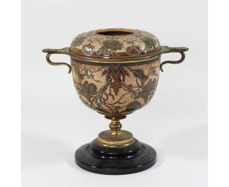 A 19th century Doulton Lambeth stoneware oil lamp base, scarfitto decorated by Edith Lupton, with brass mounts21cm highCondit