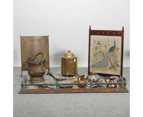 An Edwardian inlaid firescreen, together with various fire tools and metalwaresInlaid screen: 54w x 26d x 79h cm