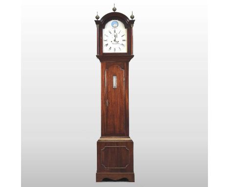 A George III style longcase clock, 20th century, the mahogany case inset with a thermometer, the painted dial surmounted by T