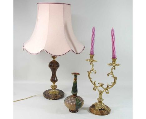 An onyx and gilt table lamp and shade, 68cm high overall, together with a gilt two branch candelabra, on a marble base and a 