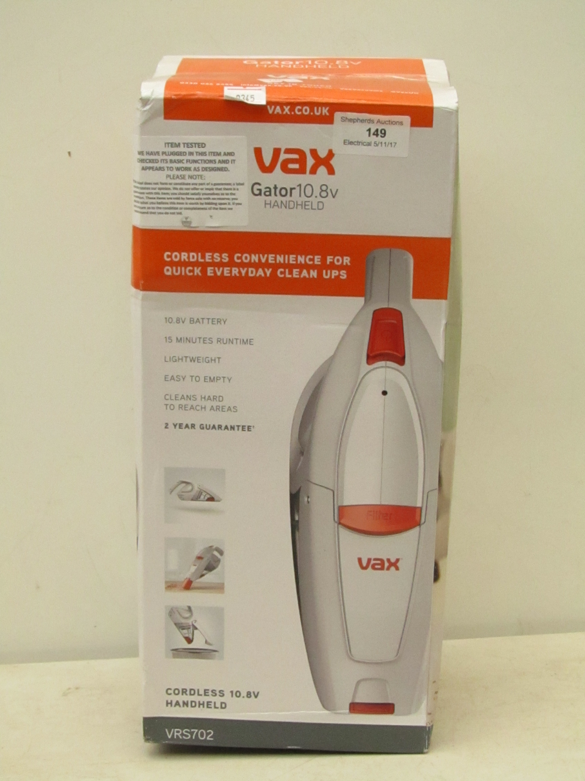 Vax gator 10.8v handheld cordless vacuum cleaner. Tested working & boxed.