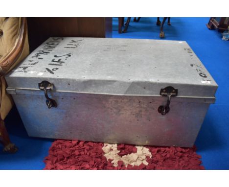 A vintage metal travel or similar trunk, stamped Nippon Steel, Japan