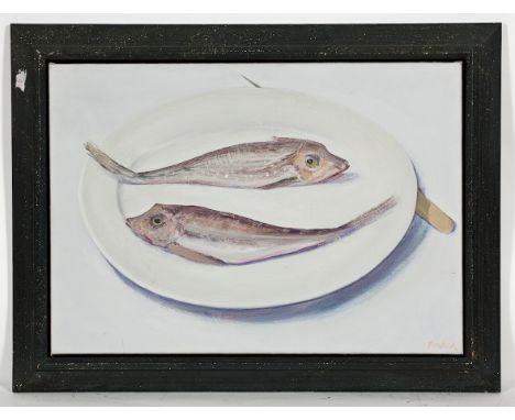 * HAIDEE BECKER (AMERICAN b 1950),
TWO ON AN OVAL PLATE
oil on canvas, signed, inscribed and dated 2010 verso
48cm x 68cm
Fra
